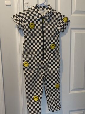 Little Trouble Kids Checkerboard Smile Patch One-Piece Jumpsuit - Black & White